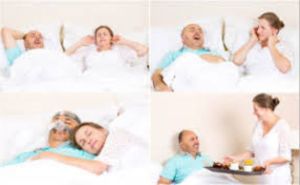 4 image collage showing the stages of sleep apnea for a man and a woman in bed. first 2 images show the man snoring and the woman being frustrating and the next 2 images show a peaceful sleep with the help of a sleep apnea treatment machine on the man and them happy in the morning.